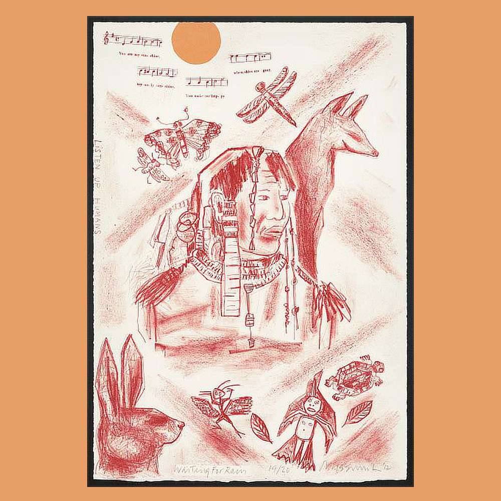 Print shows Native American Mandan man based on drawing by Karl Bodmer, a locust based on a drawing by Andre Masson, a bird based on a drawing by Wifredo Lam, as well as other animals including a rabbit and a coyote; also bars of music for You Are My Sunshine and the message.