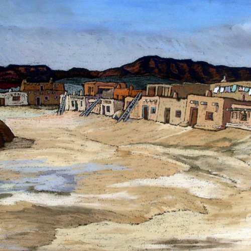 Detail from a color drawing of buildings in the Jemez Pueblo by Helmut Naumer, 1936.
