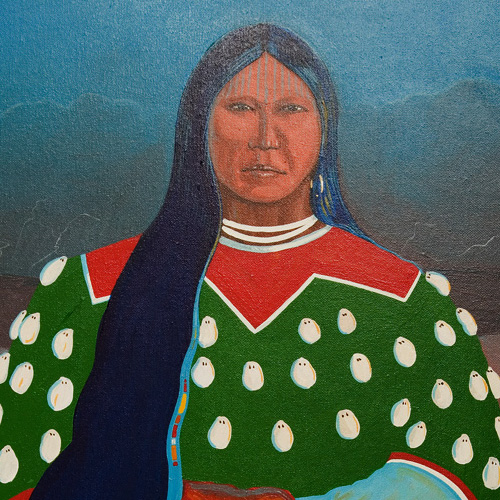 Painting of Native America woman in green and red tradition dress