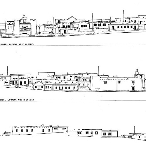 Architectural drawing of three groups of pueblo style buildings